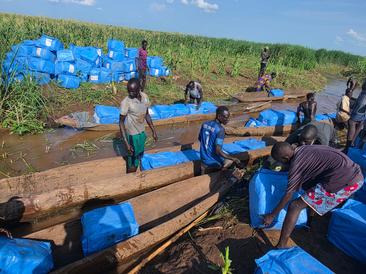 Men loading bales of long-lasting insecticidal nets into dugout canoes in floodwater in Ulang.